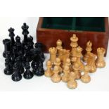 A Jaques Staunton weighted chess set in boxwood and ebony, each king stamped 'Jaques London' and one