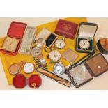 A mixed lot to include five pocket watches, a compass, a hallmarked silver napkin ring, a card