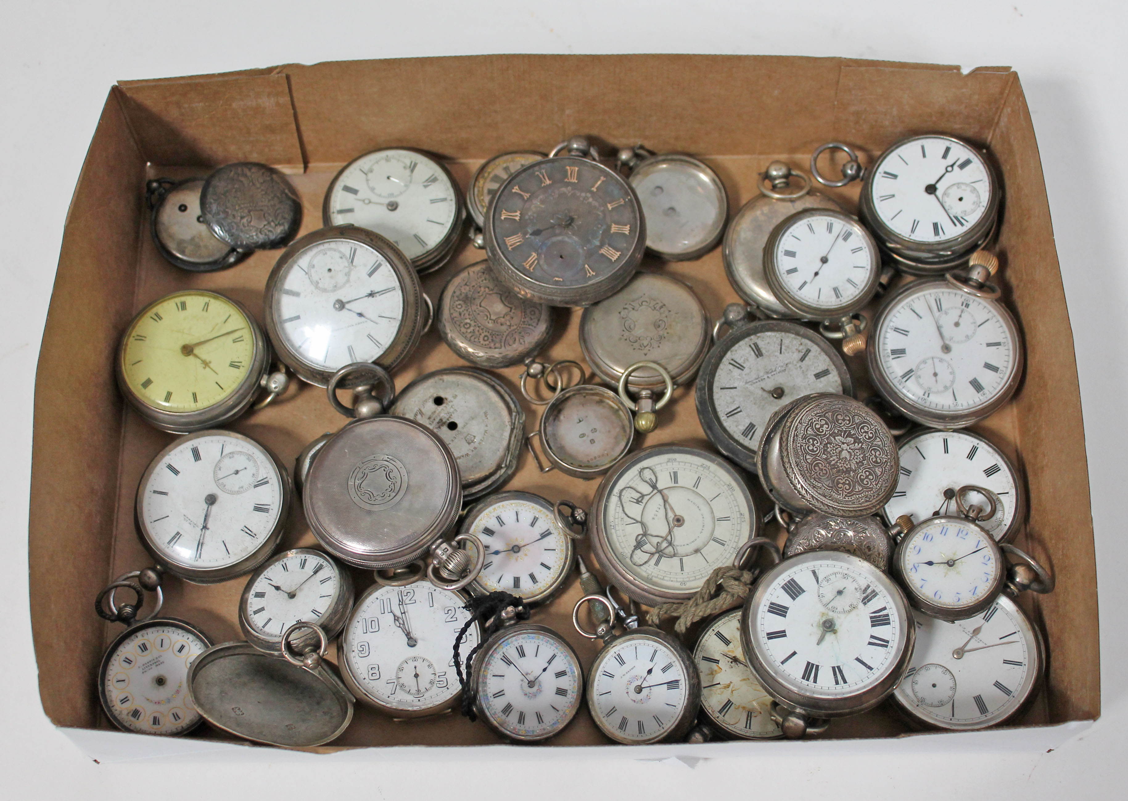 A box of approx. 36 hallmarked silver and white metal pocket watches and cases- as found.