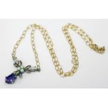 A diamond, seed pearl and amethyst pendant on 9ct gold chain, gross wt. 3.5g.