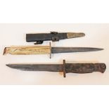 An FS Commando knife and a WWI bayonet converted to combat knife, as found.