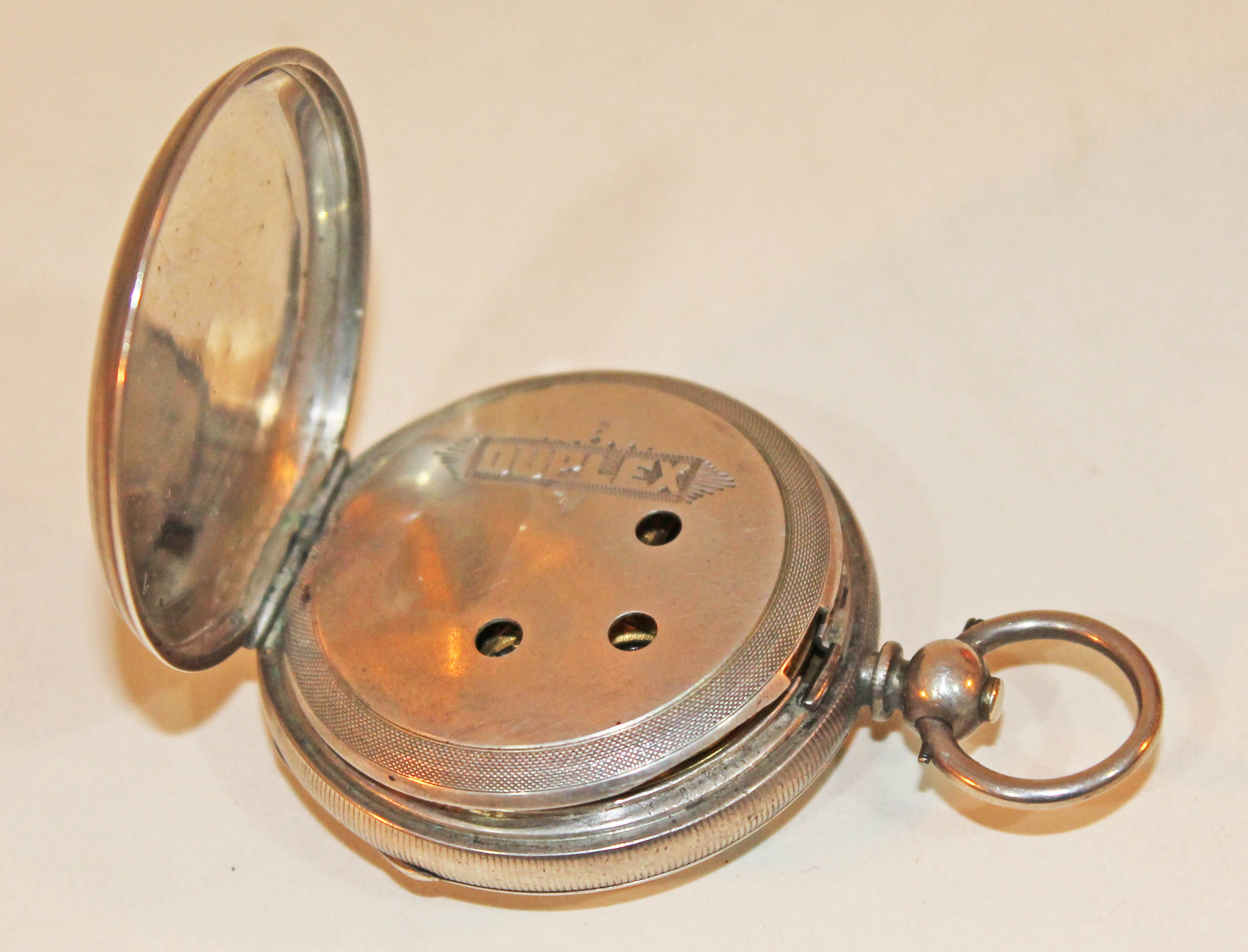 A Chinese Duplex pocket watch, white metal case, centre seconds dial with dual hour and minute - Image 8 of 19