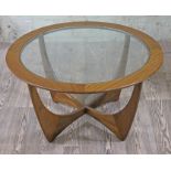 A G-Plan teak and glas top "Astro " coffee table, diam. 84cm & height 45.5cm.