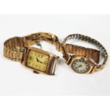A hallmarked 9ct gold Art Deco style wristwatch with strap marked '9ct', gross wt. 32.4g and a