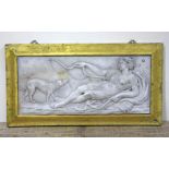 A cararra marble panel carved in relief depicting Diana the Huntress circa 1800, framed, 51.5cm x