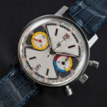 A RARE "NOS" GENTLEMAN'S STAINLESS STEEL LIP CHRONOGRAPH WRIST WATCH CIRCA 1970 D: Silver & grey