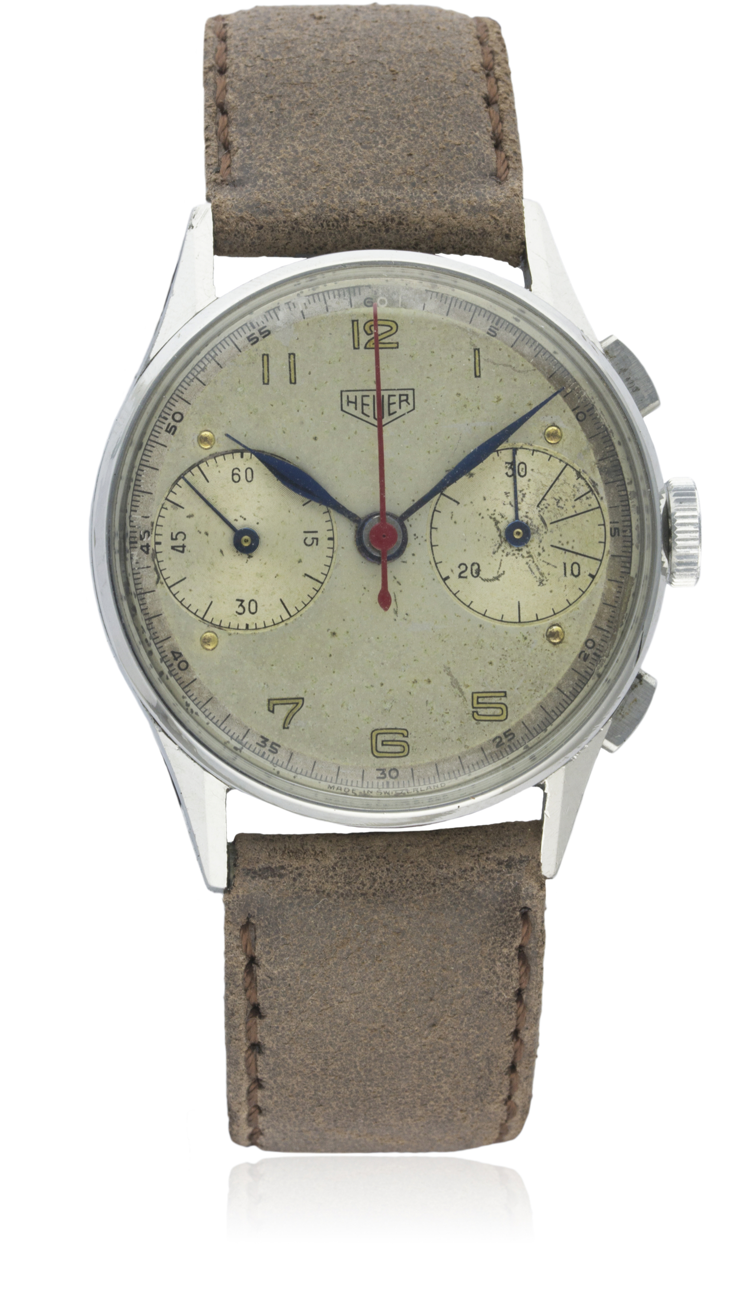 A GENTLEMAN'S STAINLESS STEEL HEUER CHRONOGRAPH WRIST WATCH CIRCA 1940s D: Silver dial with Arabic