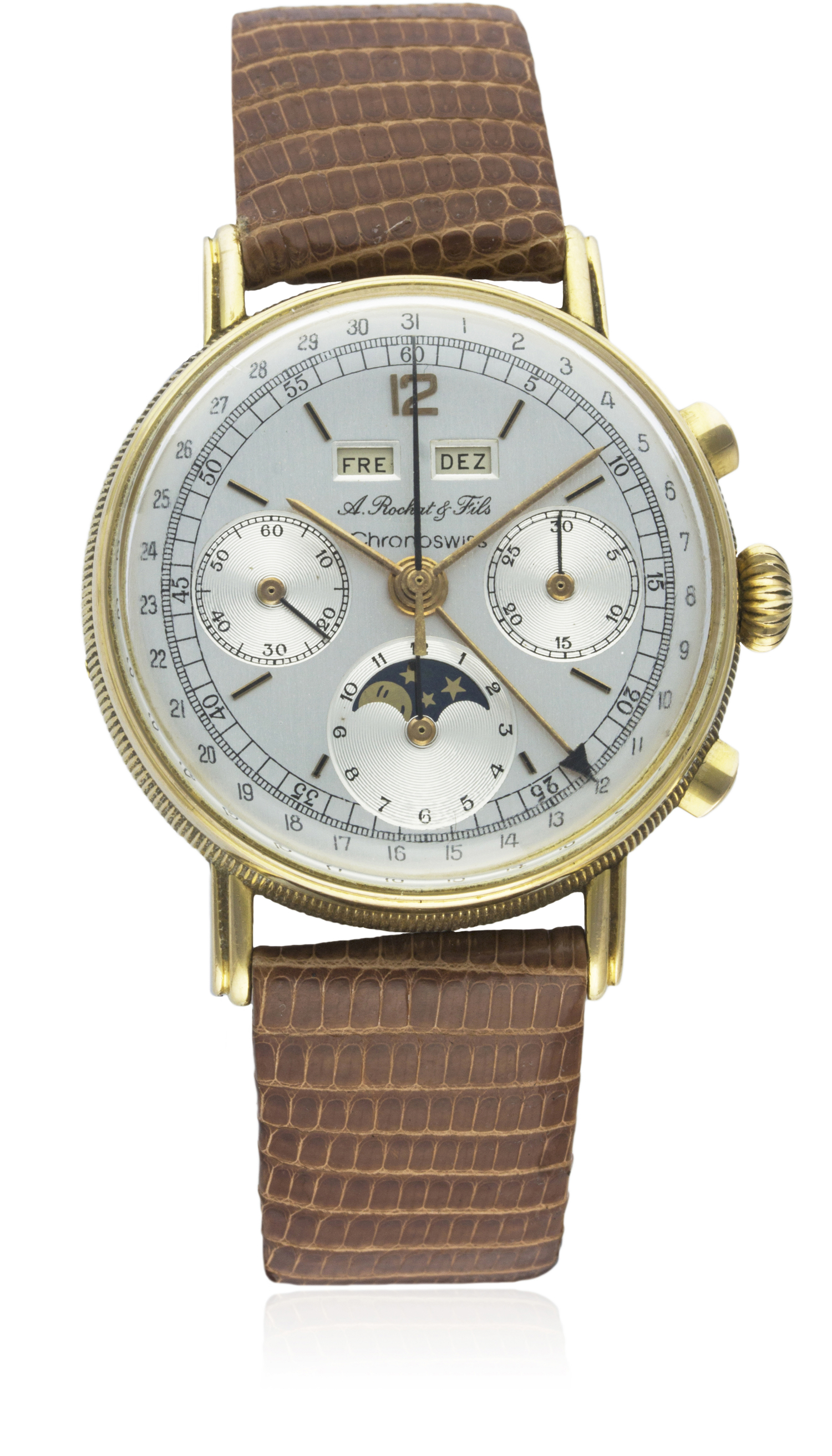 A GENTLEMAN'S 18K SOLID GOLD A.ROCHAT & FILS CHRONOSWISS TRIPLE CALENDAR MOONPHASE CHRONOGRAPH WRIST