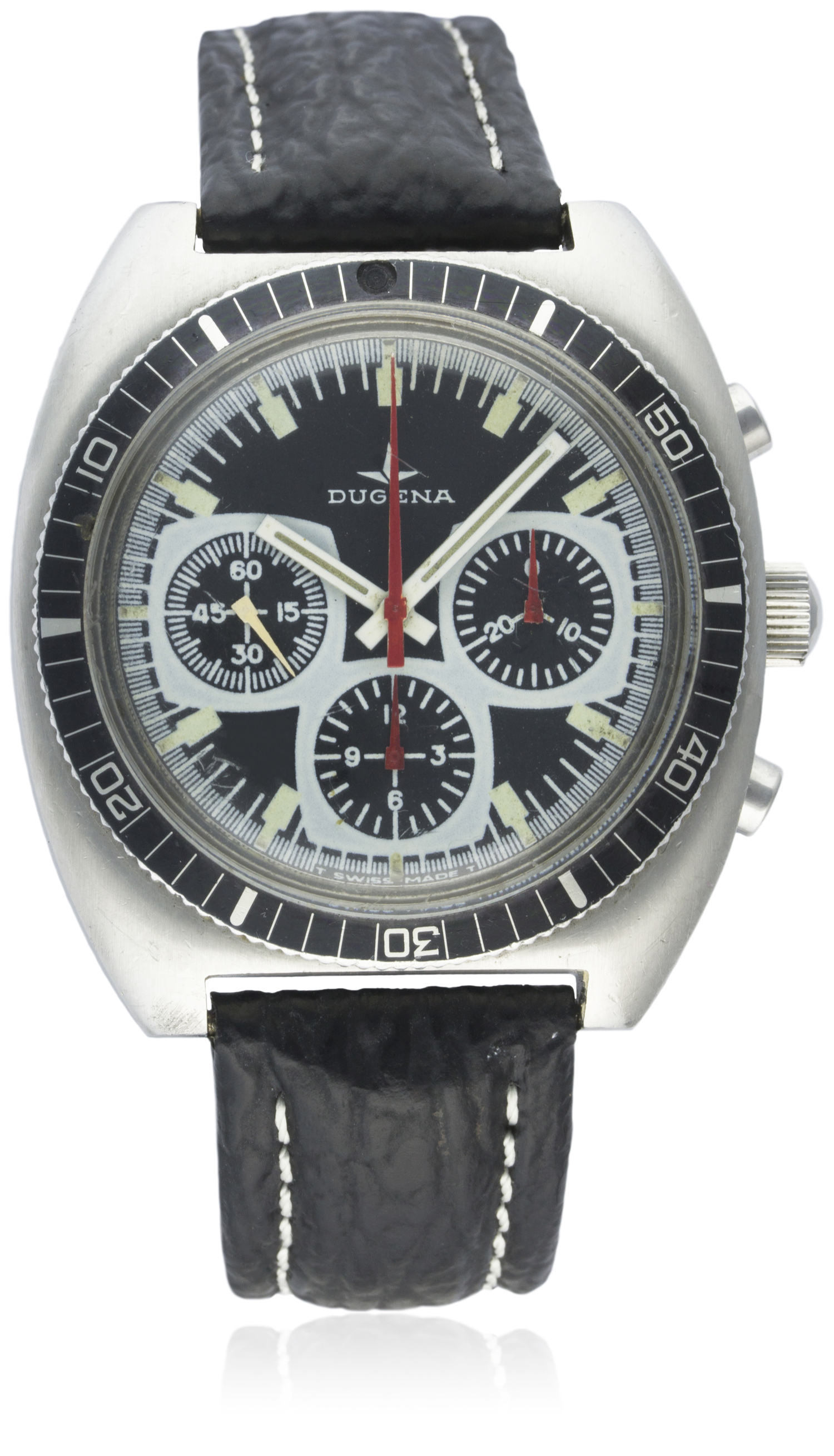 A GENTLEMAN'S STAINLESS STEEL DUGENA DIVERS CHRONOGRAPH WRIST WATCH CIRCA 1970s D: Black & white