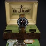 A RARE GENTLEMAN'S STAINLESS STEEL LEJOUR CHRONOGRAPH WRIST WATCH CIRCA 1960s WITH ORIGINAL BOX &