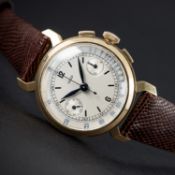 A FINE & RARE GENTLEMAN'S 18K SOLID GOLD JAEGER CHRONOGRAPH WRIST WATCH CIRCA 1930s D: Silver dial