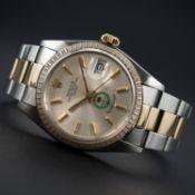 A RARE GENTLEMAN'S STEEL & GOLD ROLEX OYSTER PERPETUAL DATE BRACELET WATCH CIRCA 1977, REF. 1505