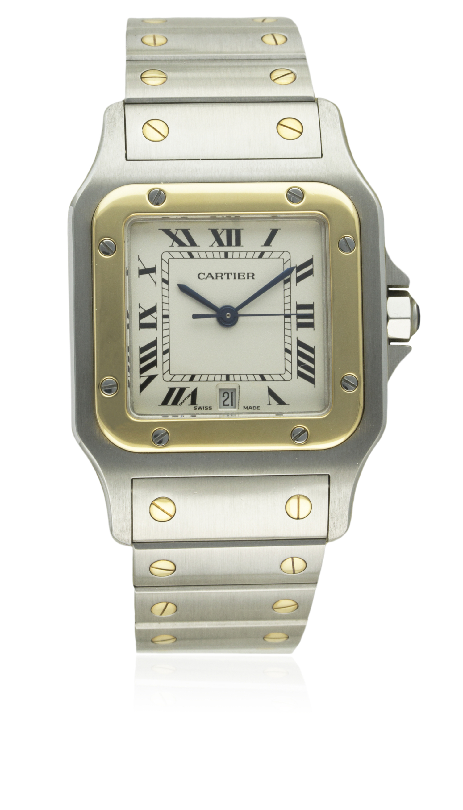 A GENTLEMAN'S STEEL & GOLD CARTIER SANTOS GALBEE BRACELET WATCH CIRCA 2000, REF. 1566 WITH CARTIER