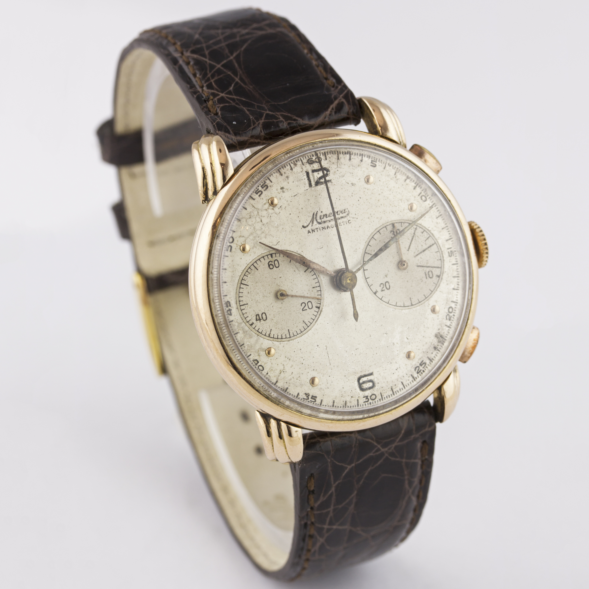 A GENTLEMAN'S 18K SOLID PINK GOLD MINERVA CHRONOGRAPH WRIST WATCH CIRCA 1950s D: Two tone silver - Image 5 of 8