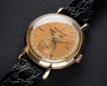 A RARE GENTLEMAN'S LARGE SIZE 18K SOLID GOLD JAEGER LECOULTRE TRIPLE CALENDAR WRIST WATCH CIRCA