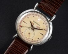 A VERY RARE GENTLEMAN'S LARGE SIZE STAINLESS STEEL JAEGER LECOULTRE TRIPLE CALENDAR WRIST WATCH