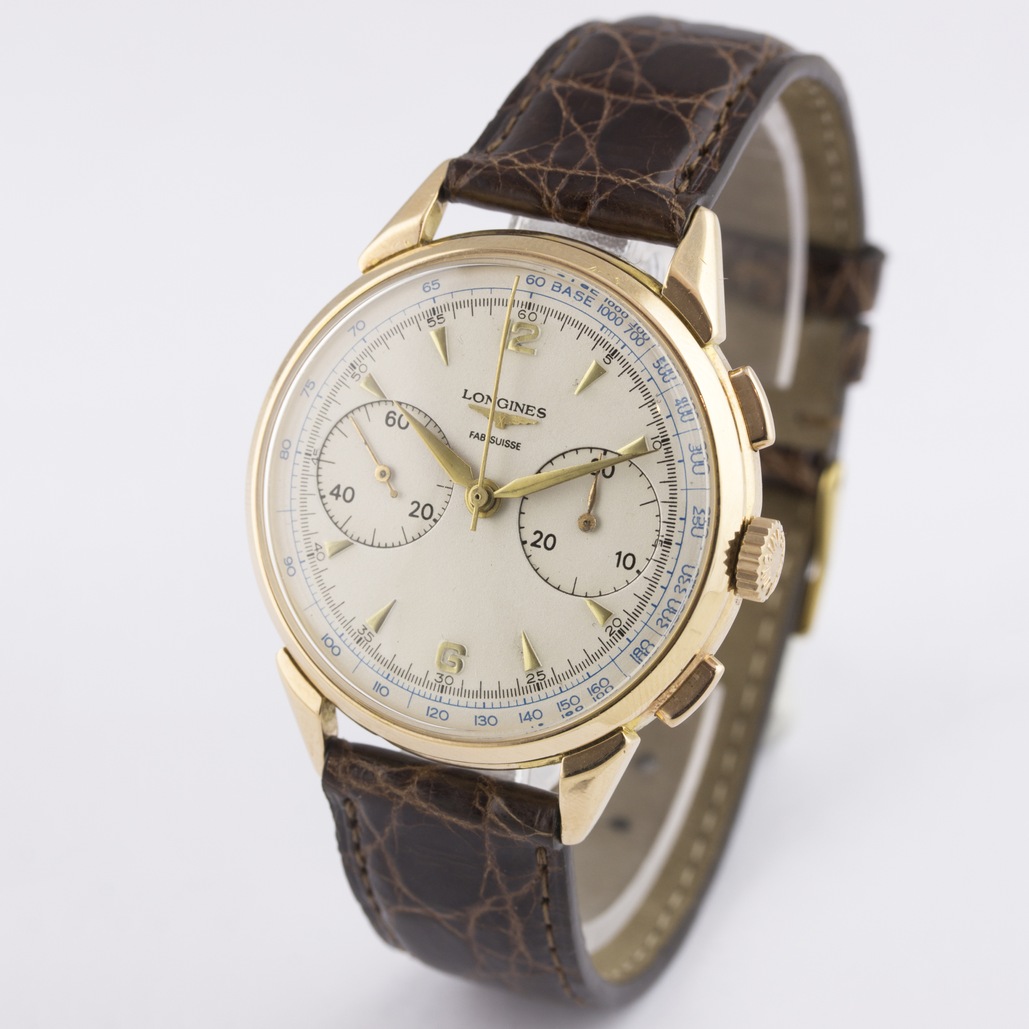 A GENTLEMAN'S 18K SOLID ROSE GOLD LONGINES FLYBACK CHRONOGRAPH WRIST WATCH CIRCA 1950, WITH A COPY - Image 4 of 8