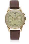 A GENTLEMAN'S LARGE SIZE 18K SOLID ROSE GOLD DOGMA PRIMA CHRONOGRAPH WRIST WATCH CIRCA 1940s  D:
