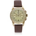 A GENTLEMAN'S LARGE SIZE 18K SOLID ROSE GOLD DOGMA PRIMA CHRONOGRAPH WRIST WATCH CIRCA 1940s  D: