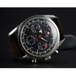 A RARE GENTLEMAN'S STAINLESS STEEL ALSTA CHRONOGRAPH WRIST WATCH CIRCA 1960s D: Black dial with