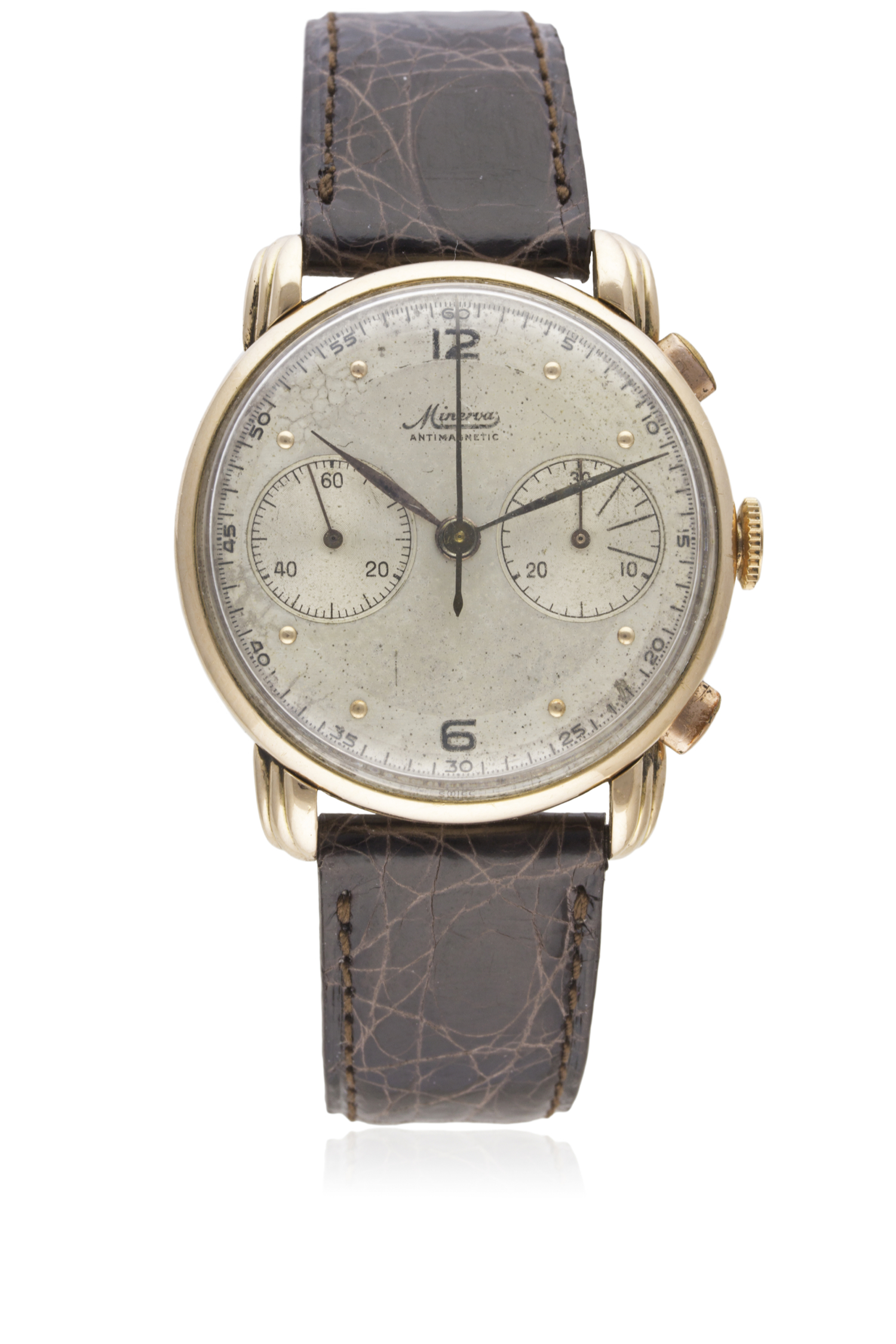 A GENTLEMAN'S 18K SOLID PINK GOLD MINERVA CHRONOGRAPH WRIST WATCH CIRCA 1950s D: Two tone silver