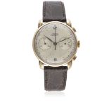 A GENTLEMAN'S 18K SOLID PINK GOLD MINERVA CHRONOGRAPH WRIST WATCH CIRCA 1950s D: Two tone silver