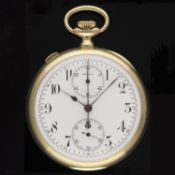 A RARE GENTLEMAN'S 14K SOLID GOLD SPILT SECONDS CHRONOGRAPH POCKET WATCH CIRCA 1900 BY AGASSIZ D: