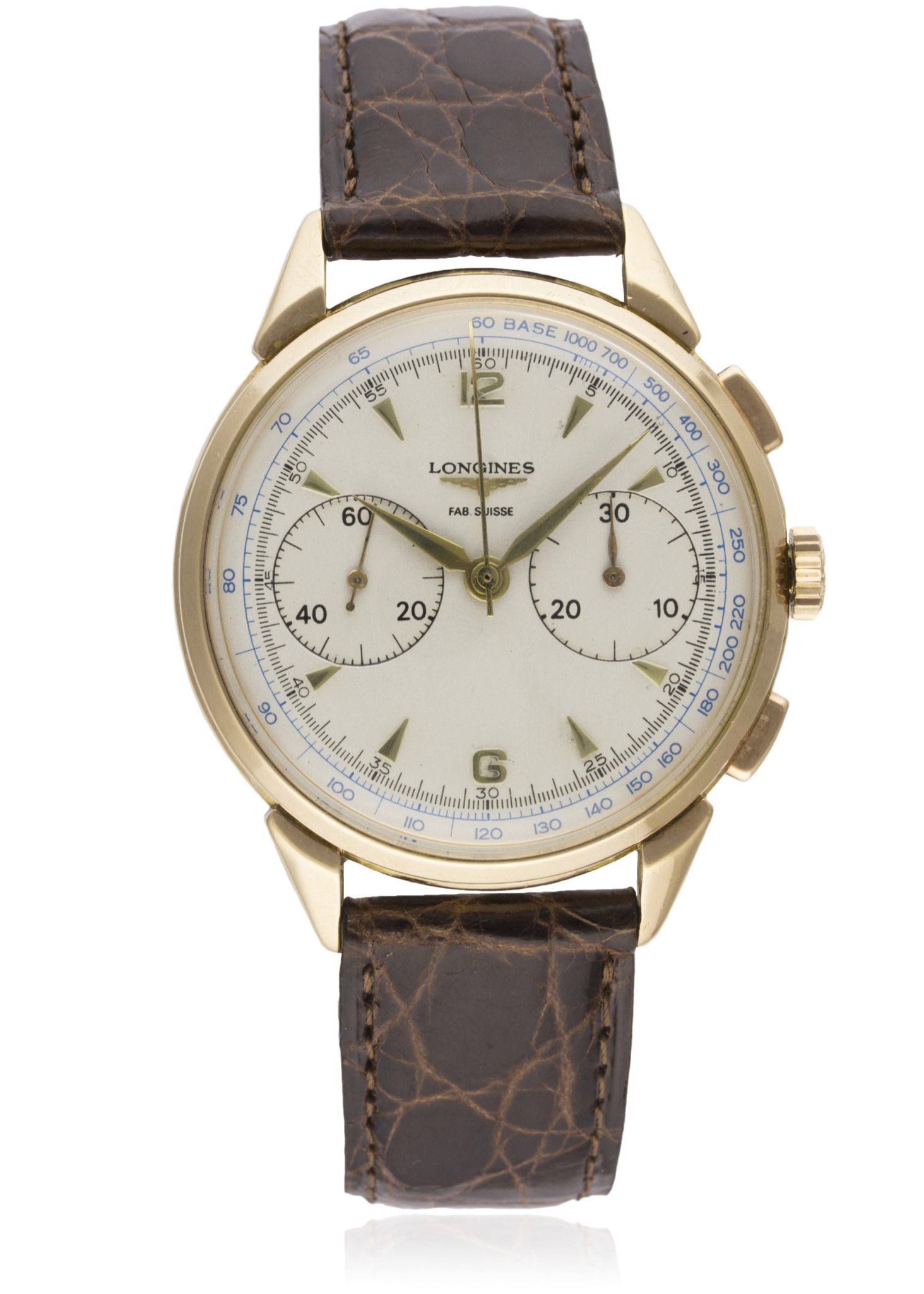 A GENTLEMAN'S 18K SOLID ROSE GOLD LONGINES FLYBACK CHRONOGRAPH WRIST WATCH CIRCA 1950, WITH A COPY