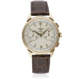 A GENTLEMAN'S 18K SOLID ROSE GOLD LONGINES FLYBACK CHRONOGRAPH WRIST WATCH CIRCA 1950, WITH A COPY