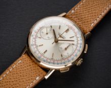 A RARE GENTLEMAN'S 18K SOLID PINK GOLD LONGINES FLYBACK CHRONOGRAPH WRIST WATCH CIRCA 1966, REF.