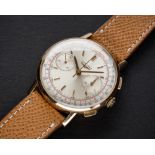 A RARE GENTLEMAN'S 18K SOLID PINK GOLD LONGINES FLYBACK CHRONOGRAPH WRIST WATCH CIRCA 1966, REF.