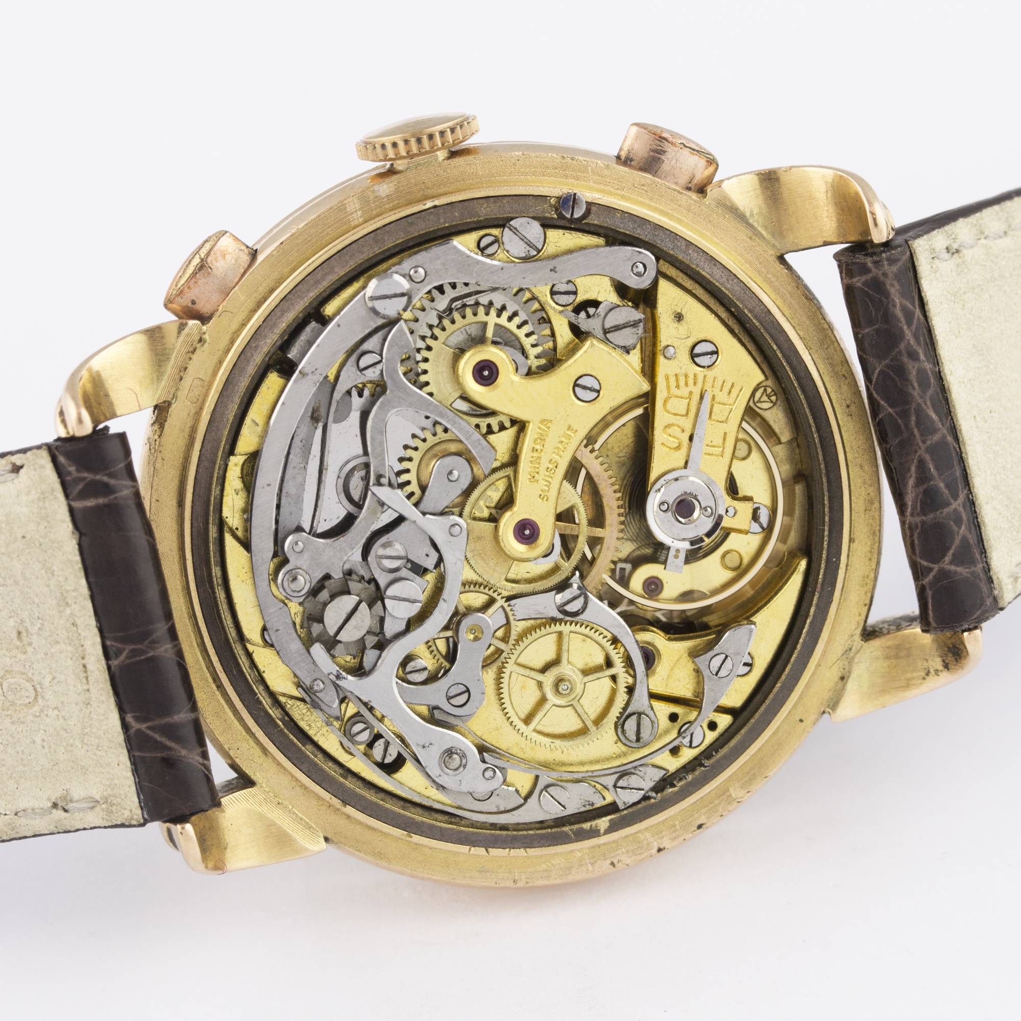 A GENTLEMAN'S 18K SOLID PINK GOLD MINERVA CHRONOGRAPH WRIST WATCH CIRCA 1950s D: Two tone silver - Image 7 of 8