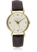 A GENTLEMAN'S 18K SOLID GOLD JAEGER LECOULTRE WRIST WATCH CIRCA 1950s D: Silver dial with gilt