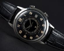 A VERY RARE GENTLEMAN'S STAINLESS STEEL LECOULTRE WORLD TIME MEMOVOX AUTOMATIC ALARM WRIST WATCH