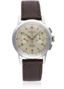 A GENTLEMAN'S LEMANIA 105 CHRONOGRAPH WRIST WATCH CIRCA 1950s  D: Silver dial with bi-hourly gilt