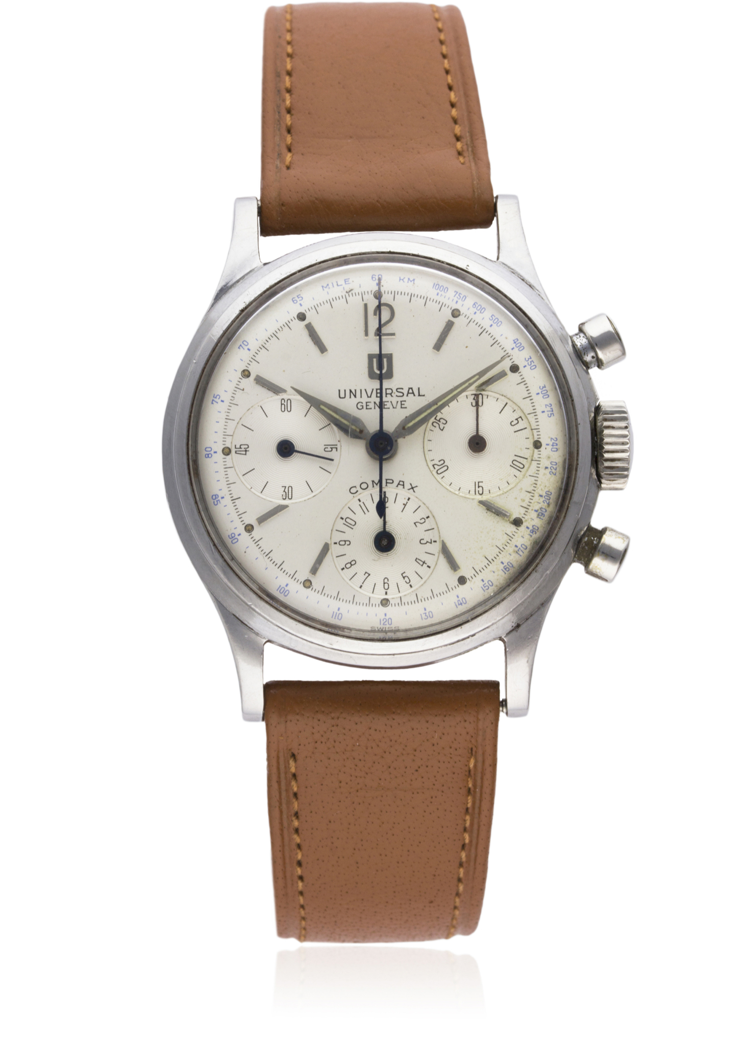 A RARE GENTLEMAN'S STAINLESS STEEL UNIVERSAL GENEVE COMPAX CHRONOGRAPH WRIST WATCH CIRCA 1950s, REF.