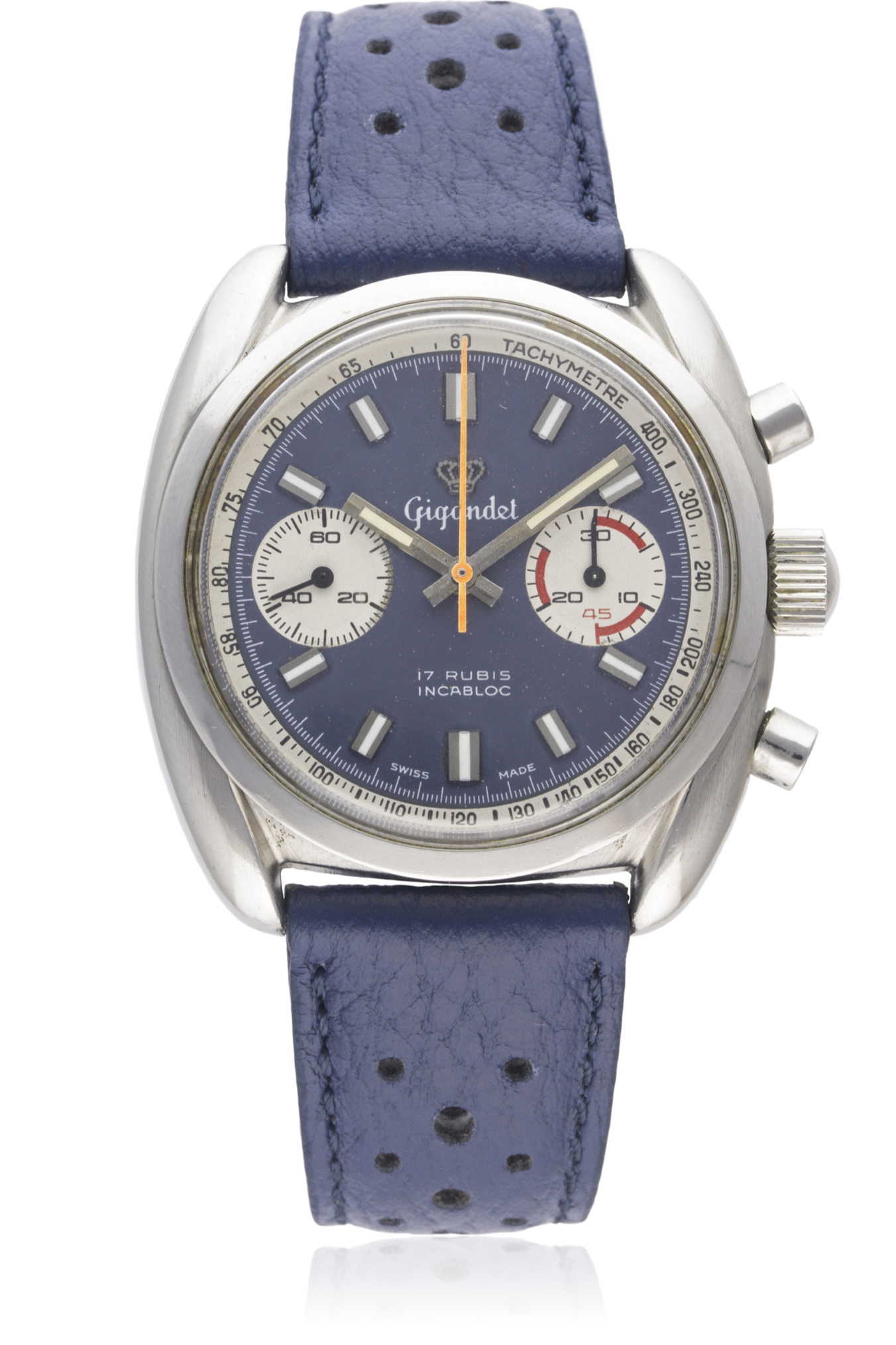 A GENTLEMAN'S STAINLESS STEEL GIGANDET CHRONOGRAPH WRIST WATCH CIRCA 1970s D: Blue dial with white