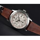 A RARE GENTLEMAN'S STAINLESS STEEL MINERVA DECIMAL CHRONOGRAPH WRIST WATCH CIRCA 1950s D: Silver