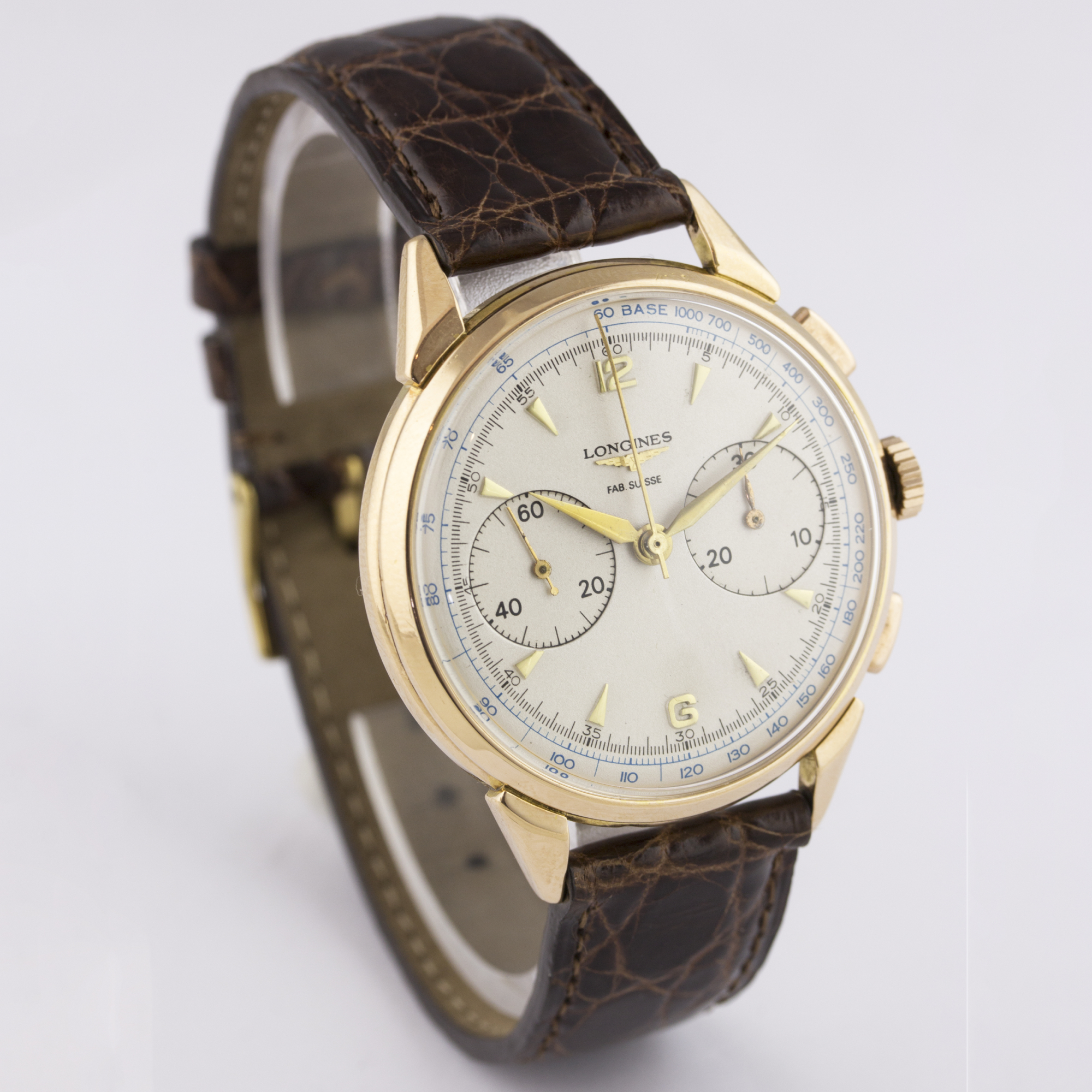 A GENTLEMAN'S 18K SOLID ROSE GOLD LONGINES FLYBACK CHRONOGRAPH WRIST WATCH CIRCA 1950, WITH A COPY - Image 5 of 8