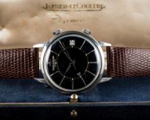 A RARE GENTLEMAN'S STAINLESS STEEL JAEGER LECOULTRE MEMOVOX AUTOMATIC ALARM WRIST WATCH CIRCA