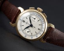 A FINE & RARE GENTLEMAN'S 18K SOLID GOLD JAEGER CHRONOGRAPH WRIST WATCH CIRCA 1930s D: Silver dial