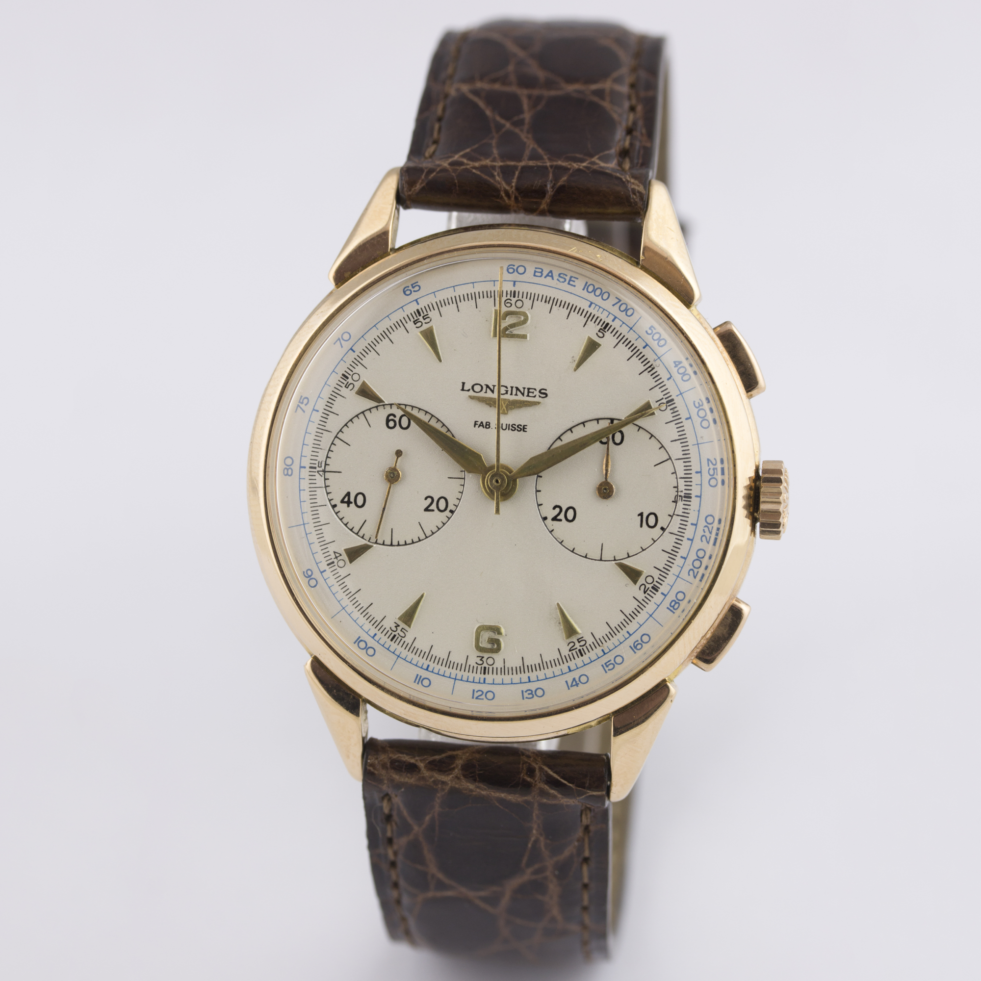 A GENTLEMAN'S 18K SOLID ROSE GOLD LONGINES FLYBACK CHRONOGRAPH WRIST WATCH CIRCA 1950, WITH A COPY - Image 2 of 8