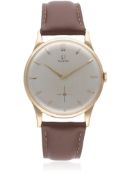 A GENTLEMAN'S LARGE SIZE 18K SOLID PINK GOLD OMEGA WRIST WATCH CIRCA 1950 D: Brushed silver dial
