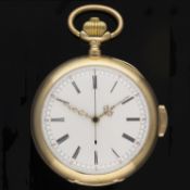 A GENTLEMAN'S 14K SOLID ROSE GOLD OPEN FACED MINUTE REPEATER CHRONOGRAPH POCKET WATCH CIRCA 1900