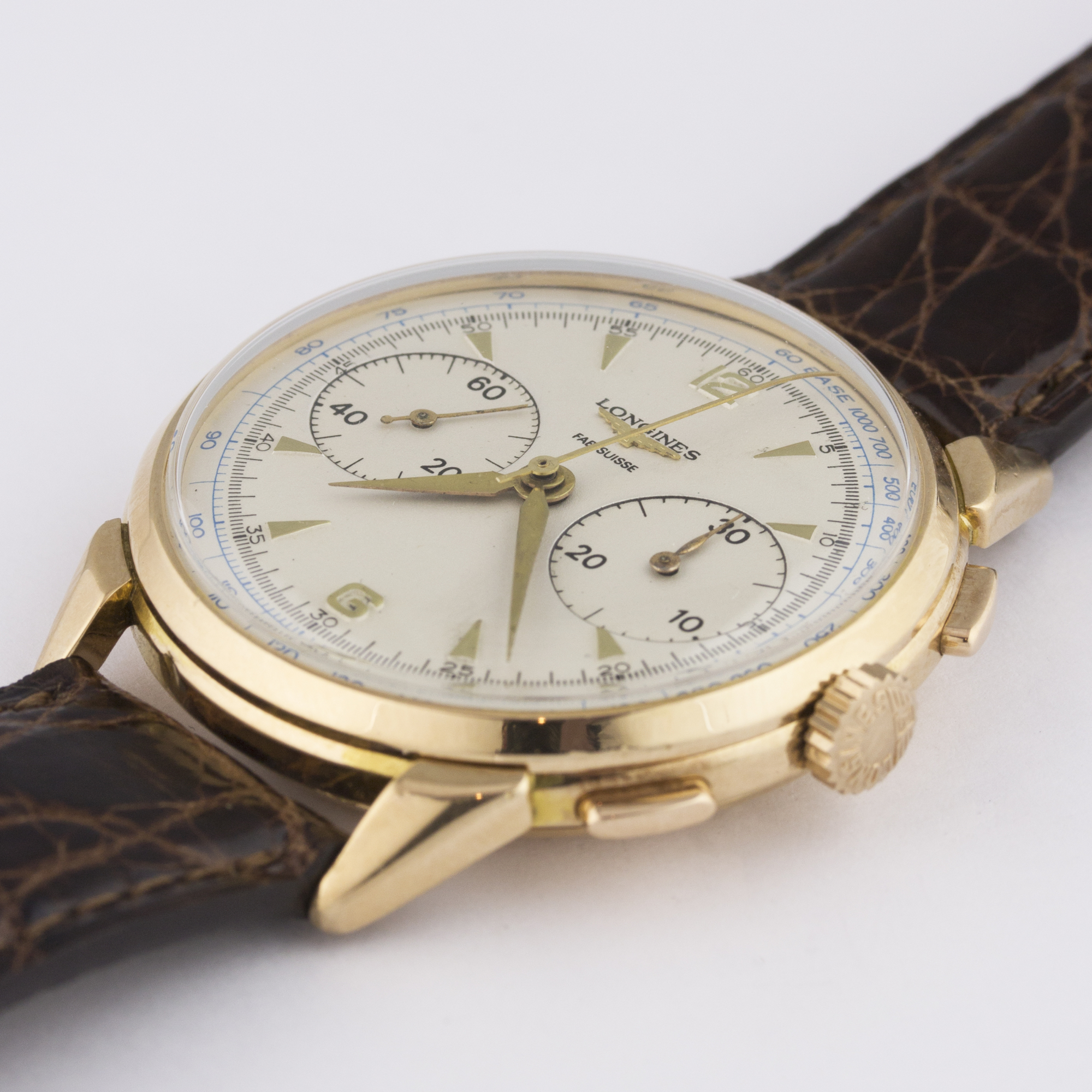 A GENTLEMAN'S 18K SOLID ROSE GOLD LONGINES FLYBACK CHRONOGRAPH WRIST WATCH CIRCA 1950, WITH A COPY - Image 3 of 8