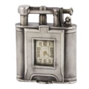 A RARE SOLID SILVER DUNHILL UNIQUE WATCH LIGHTER CIRCA 1930, REF. 821  D: Silver dial with gilt