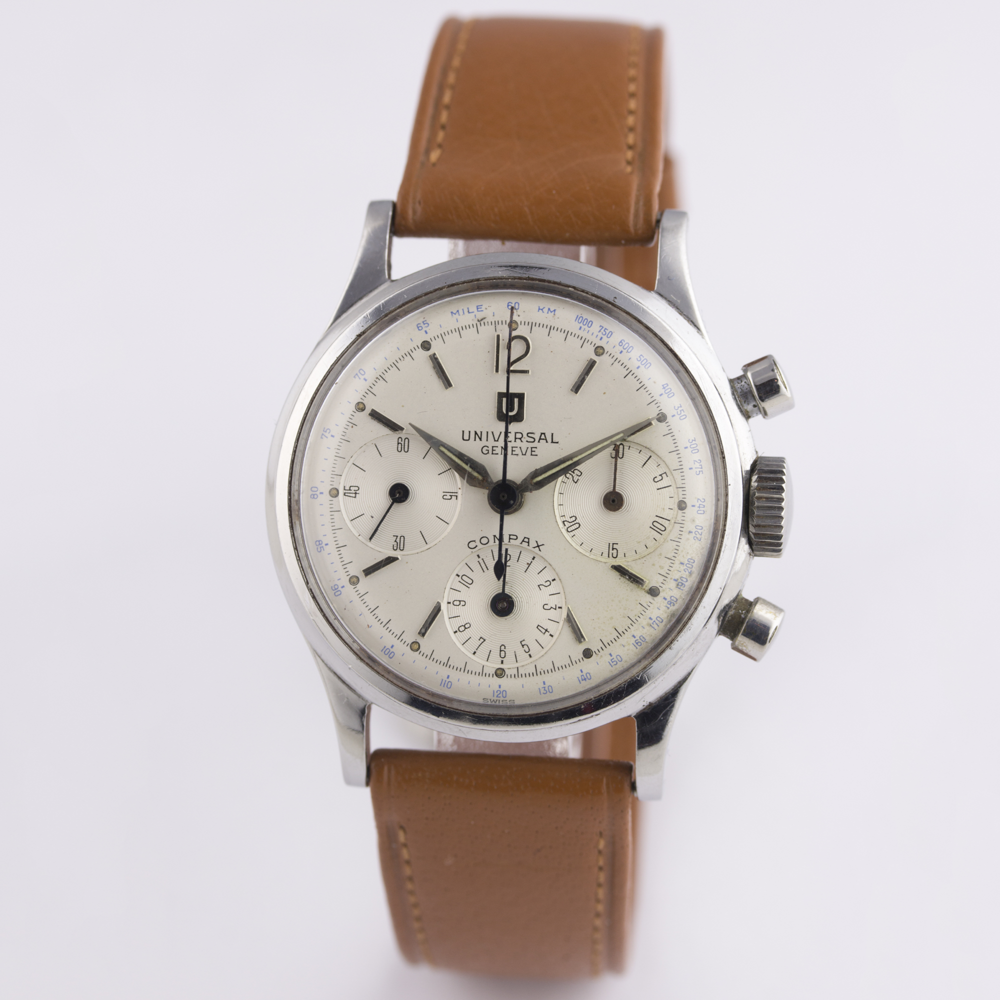 A RARE GENTLEMAN'S STAINLESS STEEL UNIVERSAL GENEVE COMPAX CHRONOGRAPH WRIST WATCH CIRCA 1950s, REF. - Image 2 of 8