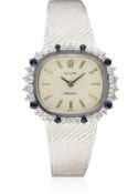 A FINE LADIES 18K SOLID WHITE GOLD, SAPPHIRE & DIAMOND ROLEX PRECISION BRACELET WATCH CIRCA 1979  D: