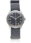 A RARE GENTLEMAN'S STAINLESS STEEL BRITISH MILITARY ROYAL NAVY LEMANIA WRIST WATCH DATED 1965,
