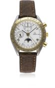 A GENTLEMAN'S STEEL & GOLD OMEGA SPEEDMASTER MOONPHASE TRIPLE CALENDAR AUTOMATIC CHRONOGRAPH WRIST